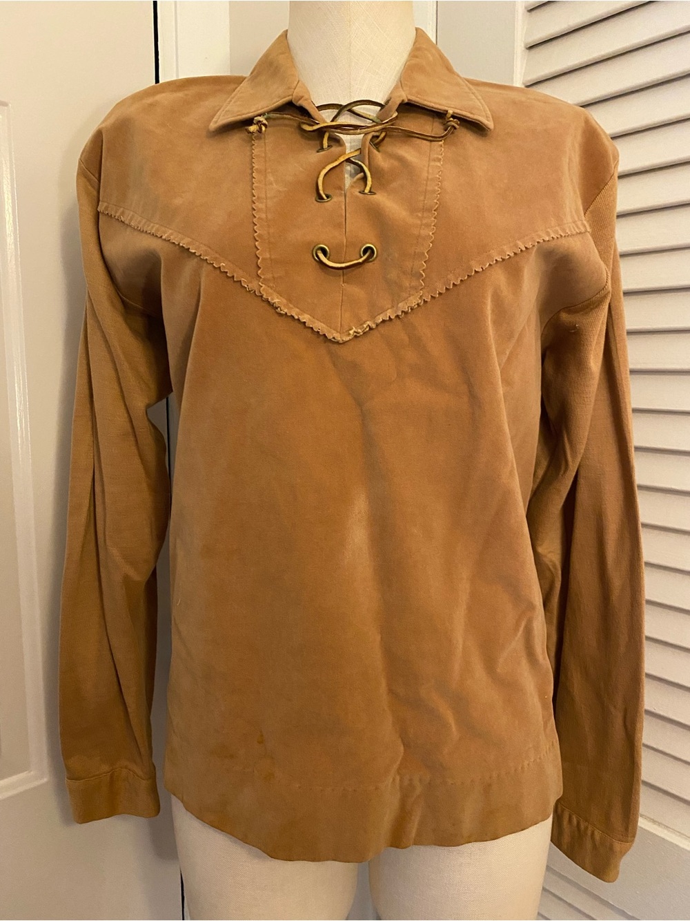 Vintage 70’s “Campus” Cotton Blend Lace-Up Suede- Long Sleeve Top - Size Large